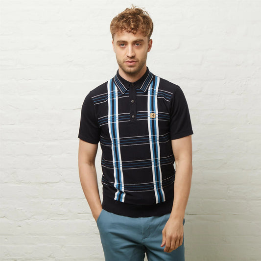 Gabicci Vintage Men's V54GM01 Miller SS Check Polo Shirt Navy Blue