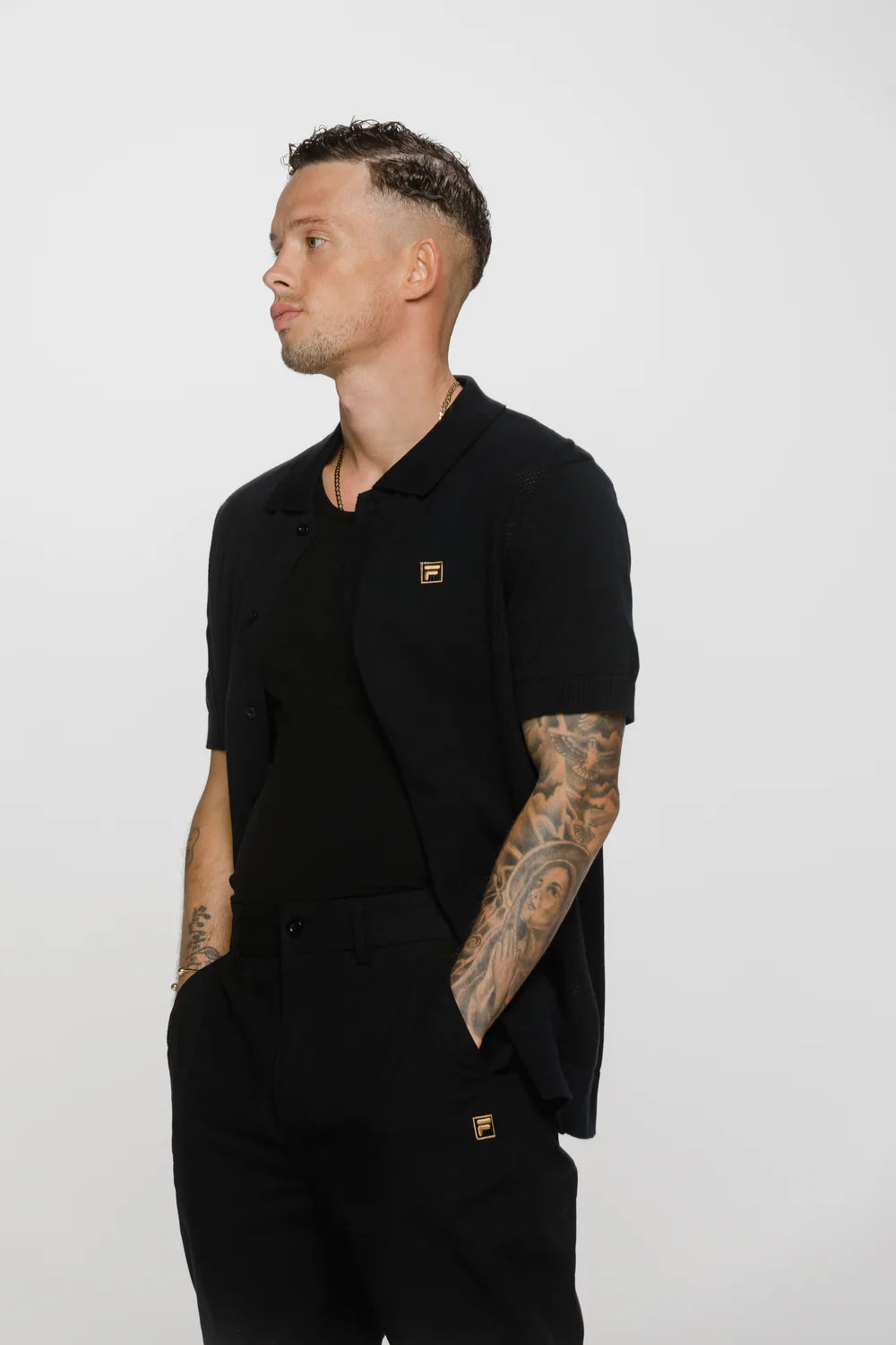 Fila Vintage Men's Walter Open Knit Polo Shirt Black