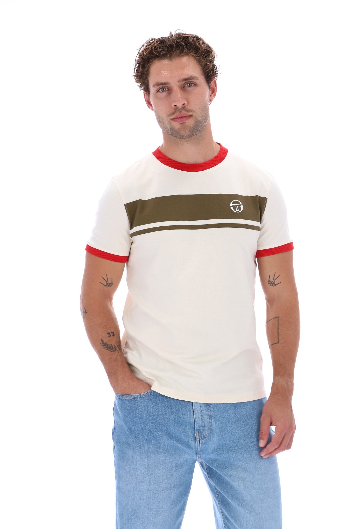 Sergio Tacchini Men's STM14593 SS Master Crew Neck T Shirt Gardenia / Dark Olive