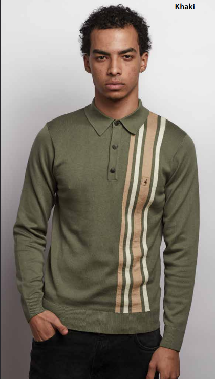 Gabicci Vintage Men's V57GM03 Soda L/S Stripe Polo Shirt Khaki