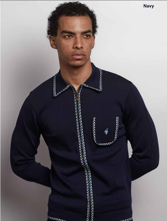 Gabicci Vintage Men's V57GM25 Nick L/S Zip Front Polo Shirt Navy Blue
