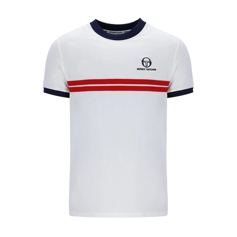 Sergio Tacchini Men's STM14565 Supermac Short Sleeve T Shirt White / Maritime Blue / Adrenaline Rush