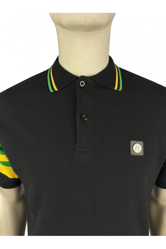 Trojan Records Men's TR9022 Flag Sleeve Pique Polo Shirt Black