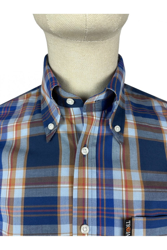 Trojan Records Men's TC1047 SS Multi-Check Shirt Powder Blue