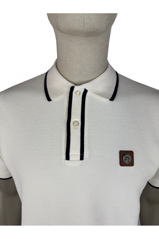 Trojan Records Men's TR9080 Ottoman Stripe Trim Polo Shirt Ecru
