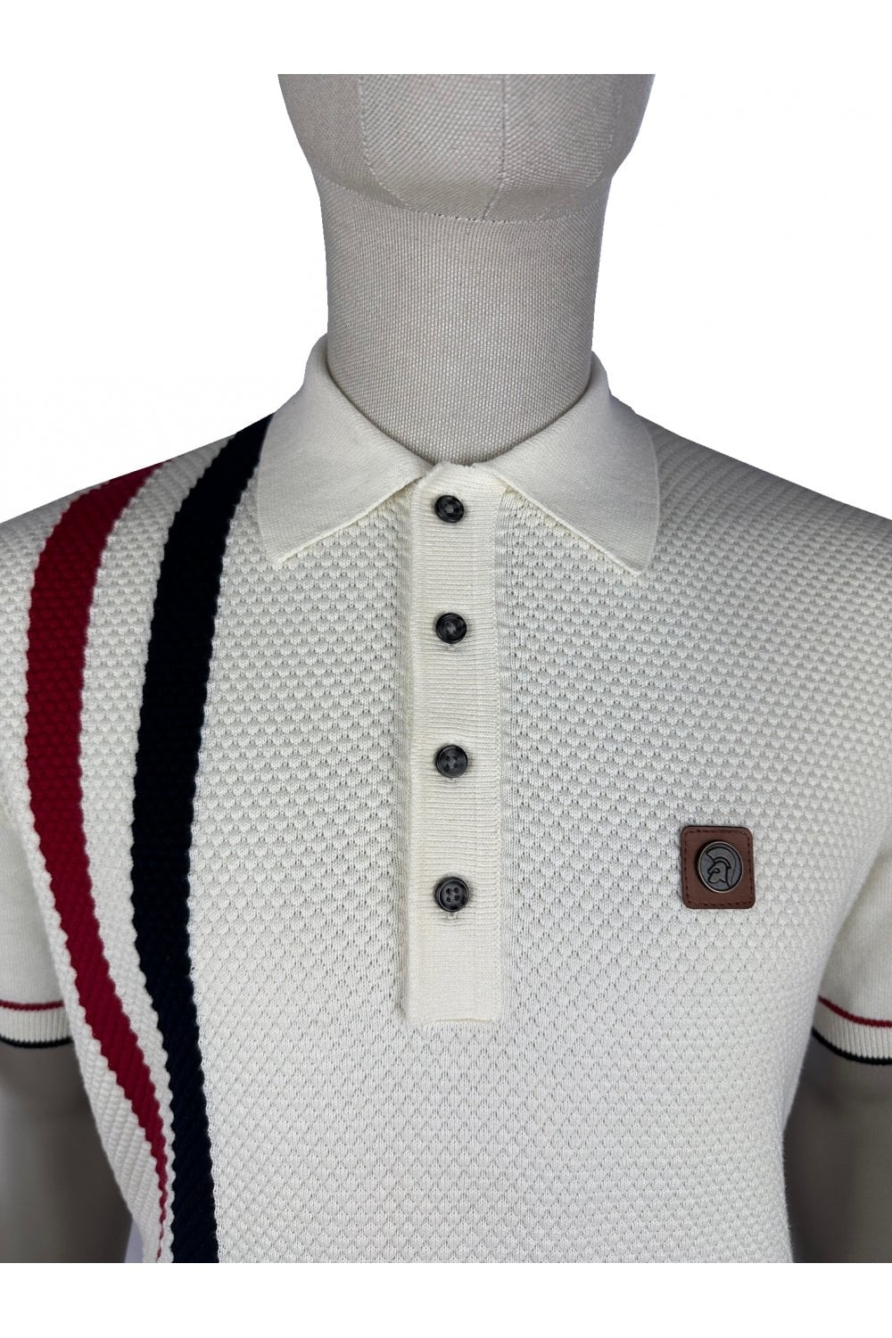 Trojan Records Men's TR9063 Racing Stripe Fine Gauge Polo Shirt Ecru