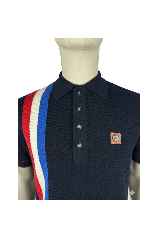 Trojan Records Men's TR9063 Racing Stripe Fine Gauge Polo Shirt Navy Blue