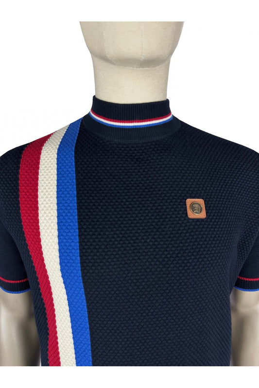 Trojan Records Men's TR9064 Racing Stripe Fine Gauge Turtle Tee Shirt Navy Blue