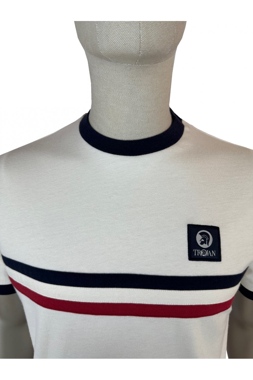 Trojan Records Men's TR9085 Stripe Front Tee Shirt Ecru