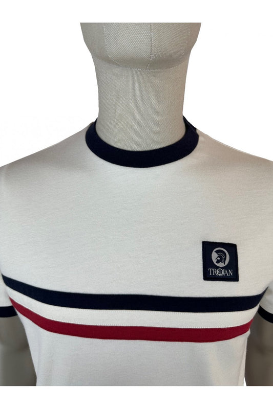 Trojan Records Men's TR9085 Stripe Front Tee Shirt Ecru