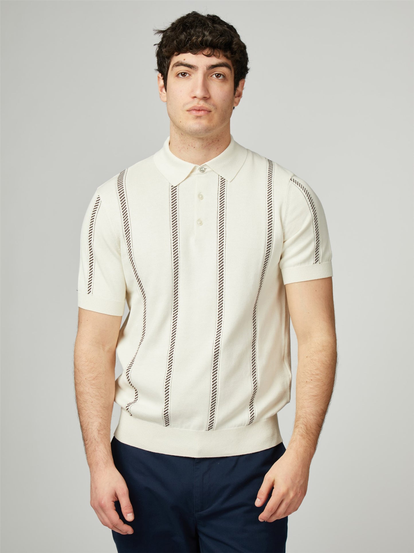 Ben Sherman Men's 0077607 SS Jacquard Stripe Polo Shirt Ivory