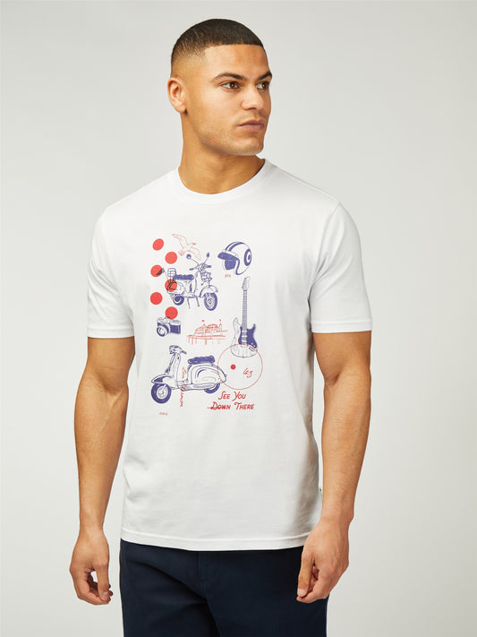 Ben Sherman Men's 0078235 SS Sketched Modzine Print T-Shirt White