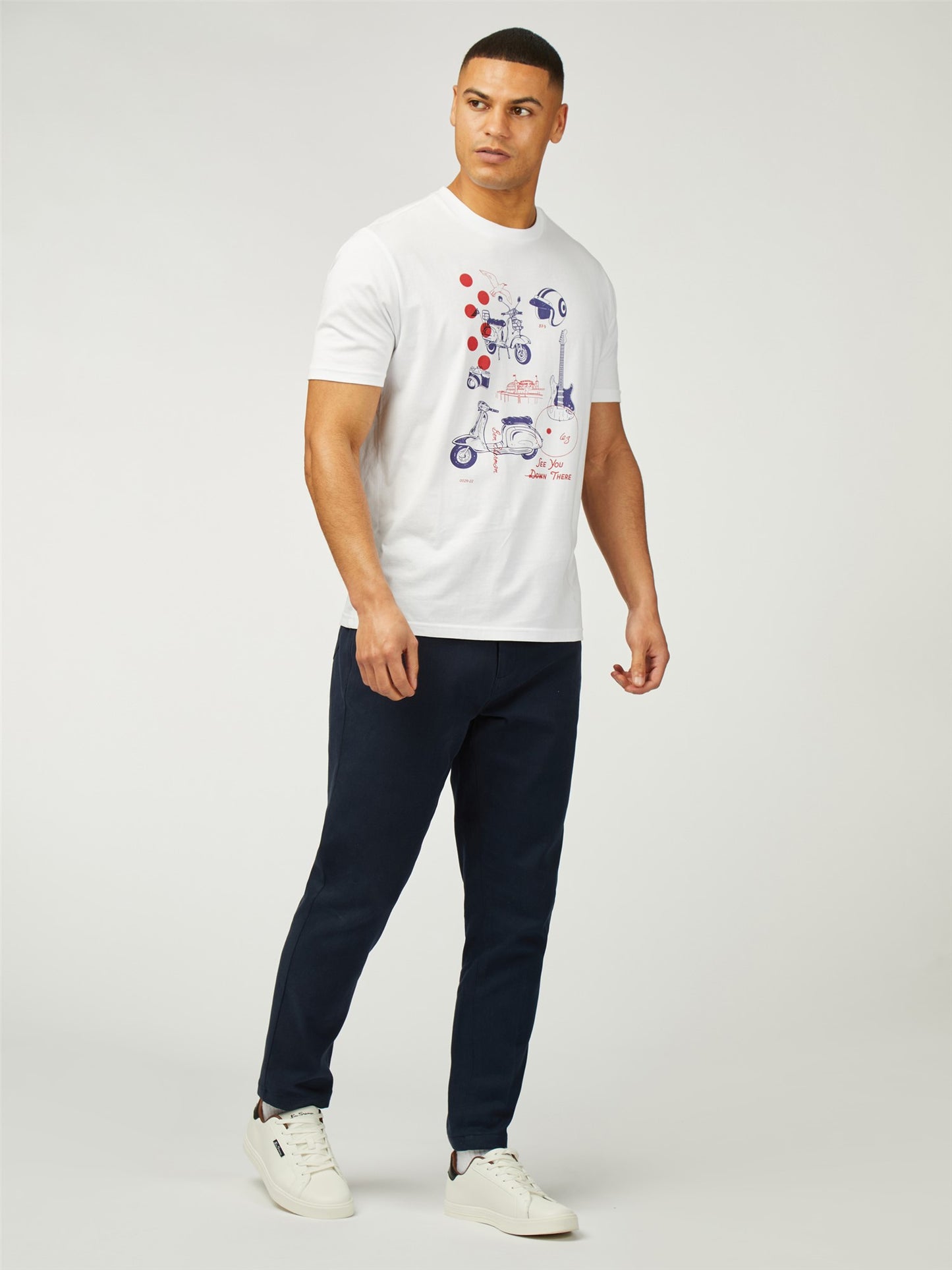 Ben Sherman Men's 0078235 SS Sketched Modzine Print T-Shirt White