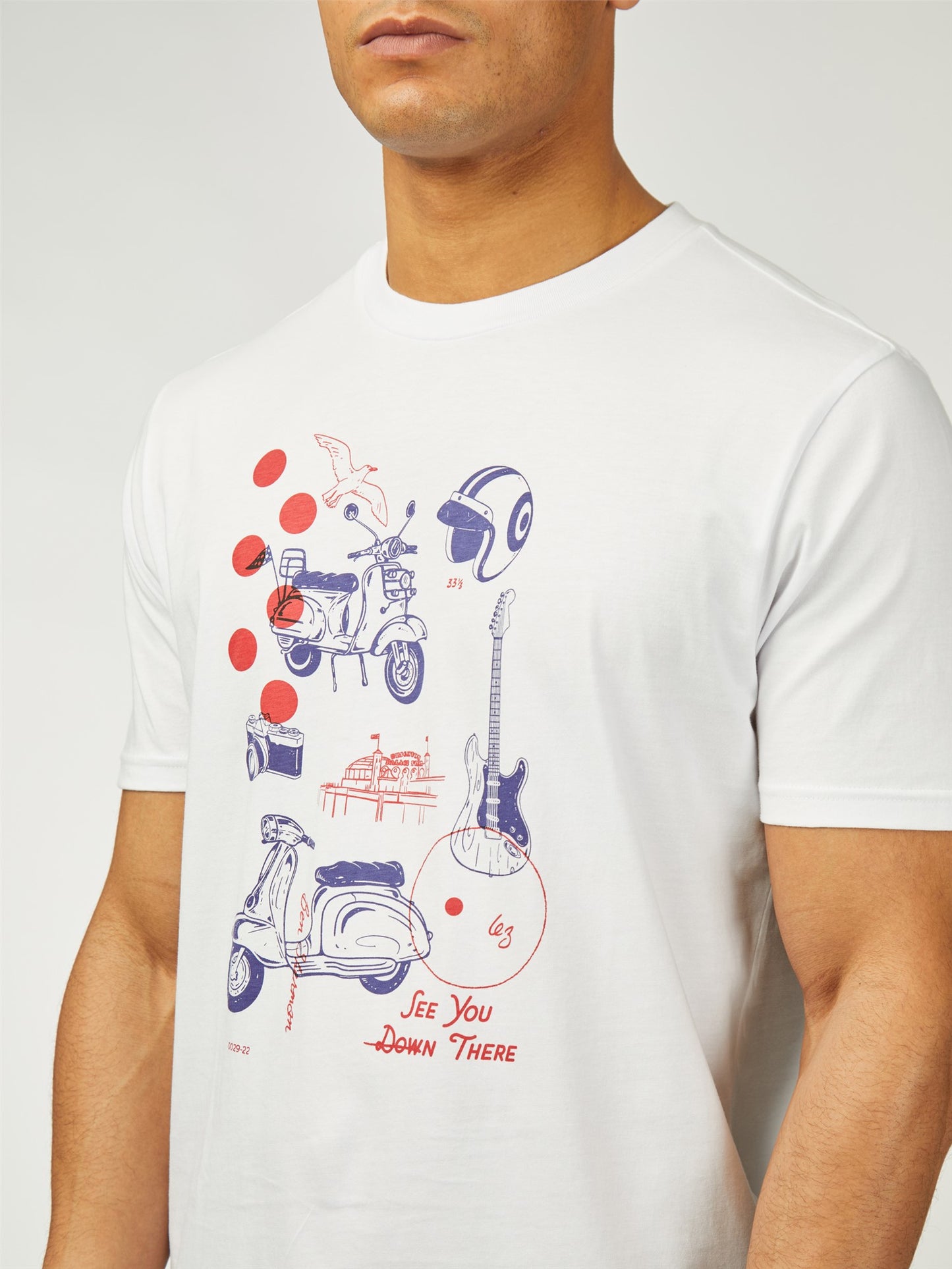 Ben Sherman Men's 0078235 SS Sketched Modzine Print T-Shirt White