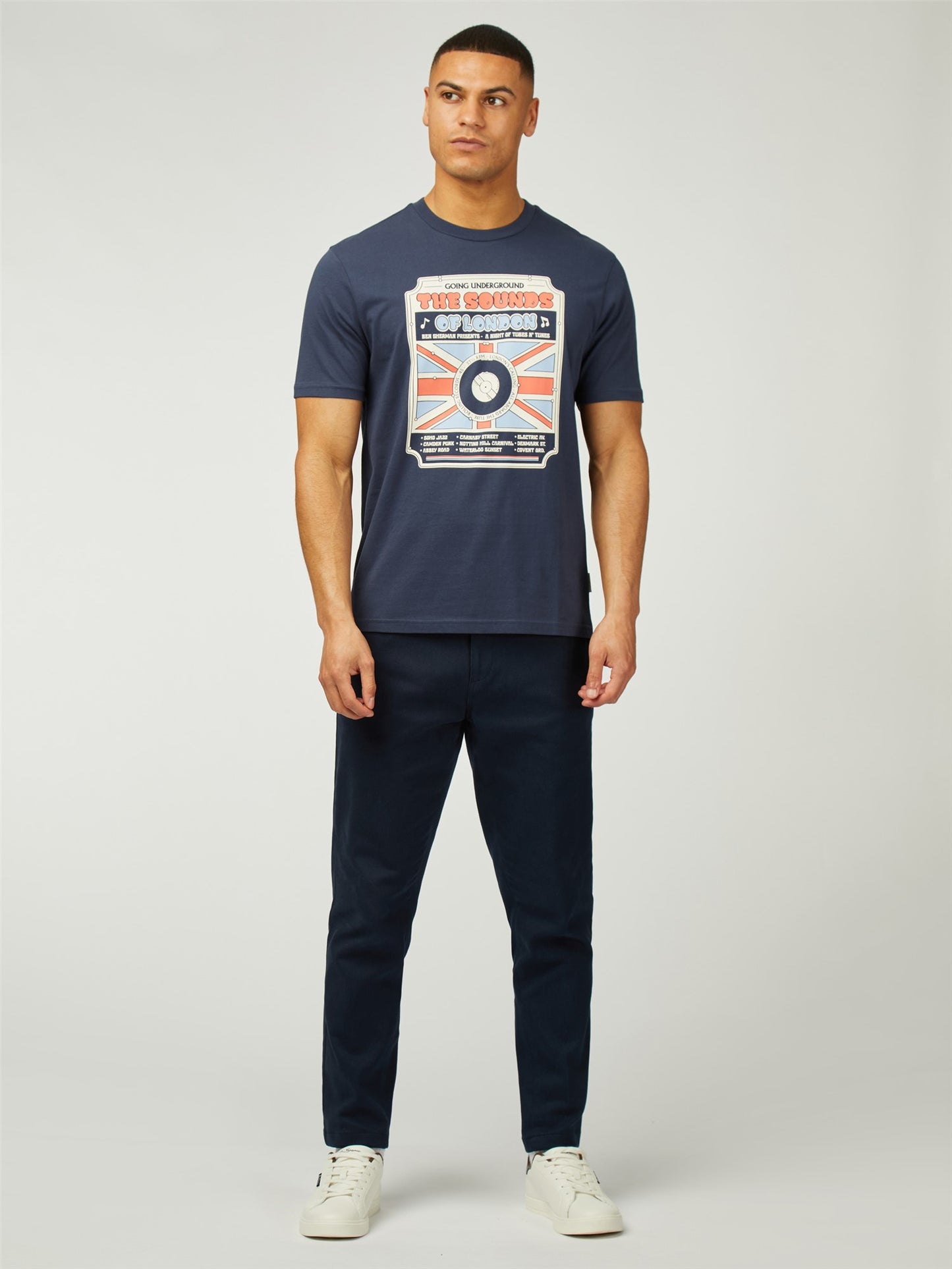 Ben Sherman Men's 0078246 SS Sounds of London Print T-Shirt Mood Indigo Blue