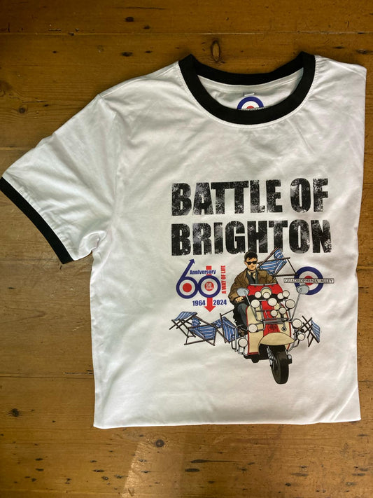 Quadrophenia Alley Men's Exclusive 60th Anniversary 'Battle of Brighton' Print Ringer T-Shirt White