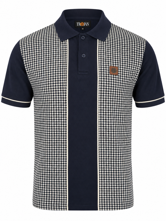 Trojan Records TR9118 Houndstooth Panel Polo Shirt Navy Blue