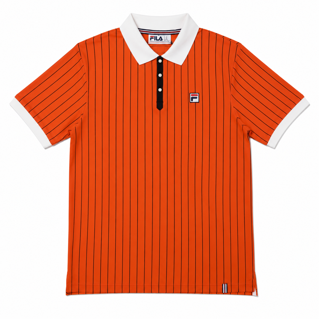 An orange short-sleeve polo shirt with thin black vertical pinstripes, a white collar, and a white button placket. The Fila logo is visible on the chest and inside the collar.