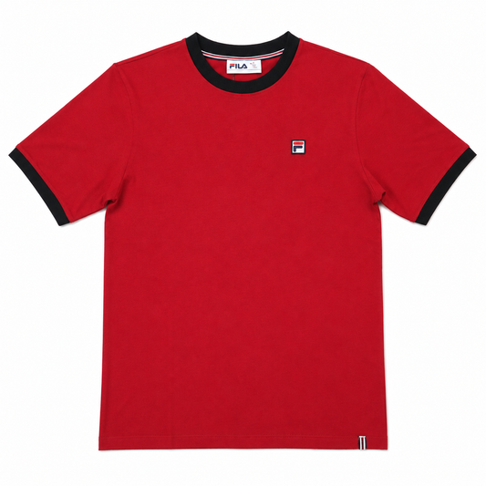 A red short-sleeve ringer t-shirt by FILA, featuring black ribbed trim at the crew neck and sleeve cuffs, with the brand's small logo on the left chest.