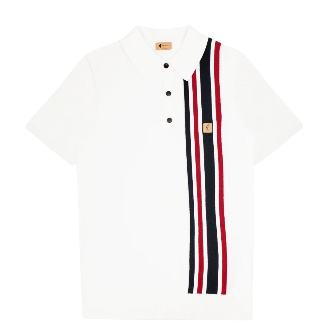 Gabicci Vintage Men's V54GM03 Soda SS Racing Stripe Polo Shirt White