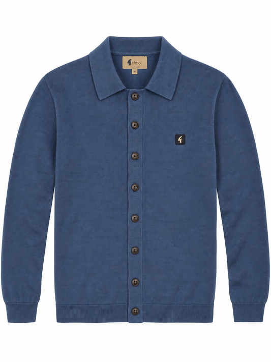 Gabicci Vintage Men's V55GK16 Azima Long Sleeve Plain Knitted Button-Thru Polo - Airforce