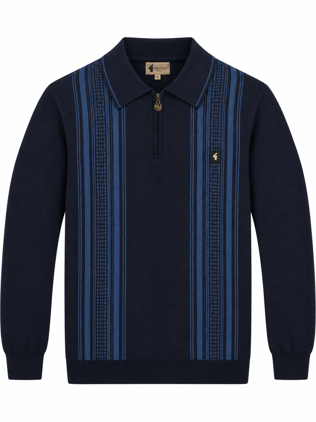 Gabicci Vintage V57GM04 Hambro L/S Stripe Zip Polo Shirt Navy Blue
