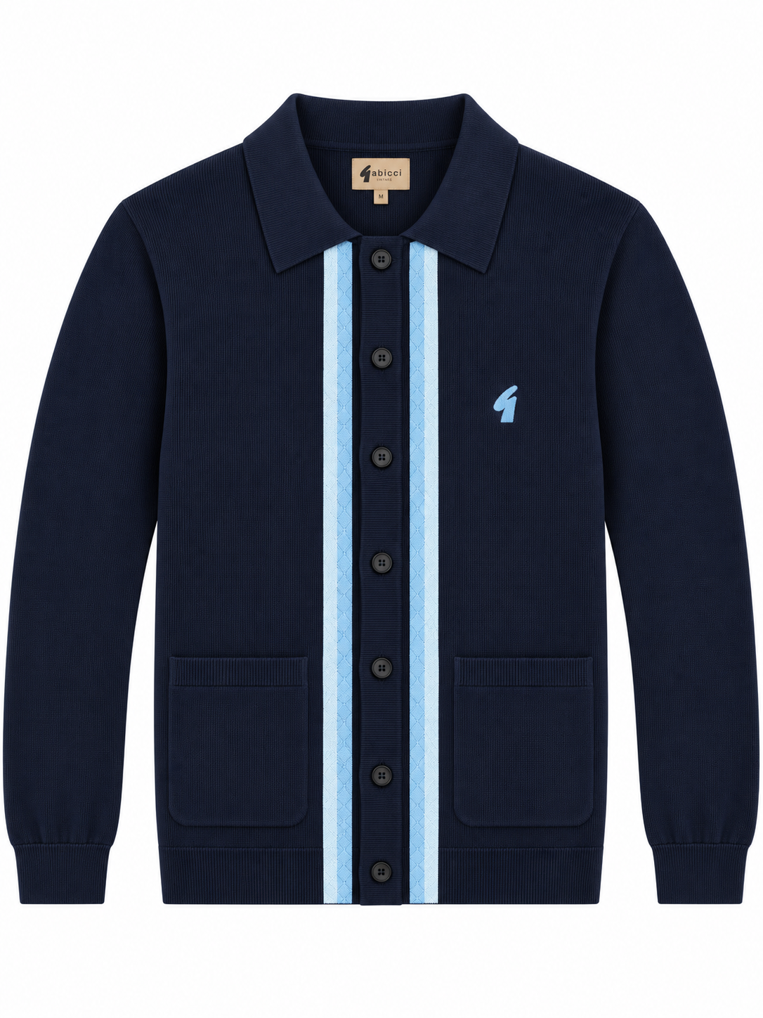 A navy blue knit cardigan sweater with a collar, button-up front, two front patch pockets, and light blue vertical stripes down the center front. A small light blue embroidered horse logo is visible on the left chest.