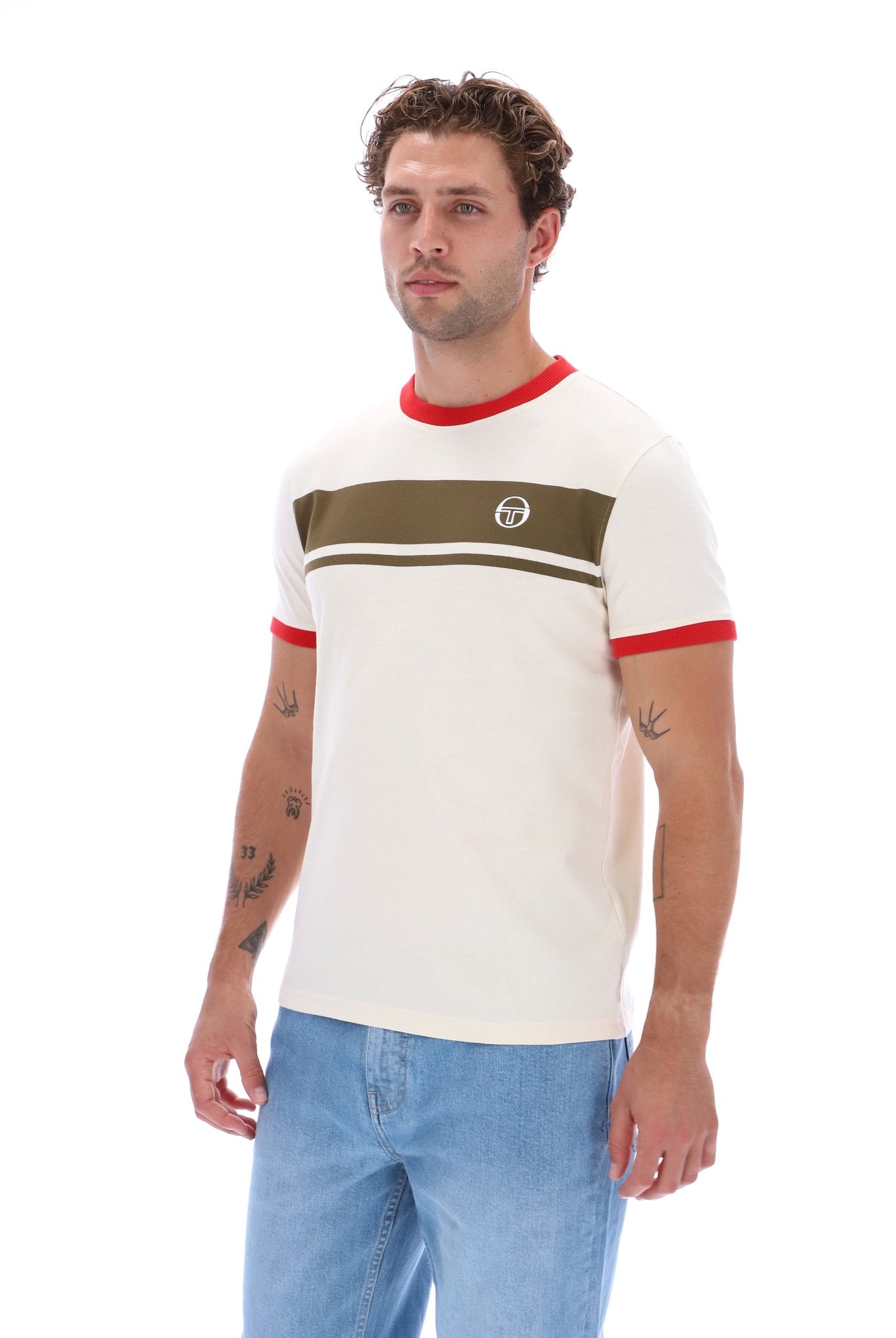 Sergio Tacchini Men's STM14593 SS Master Crew Neck T Shirt Gardenia / Dark Olive