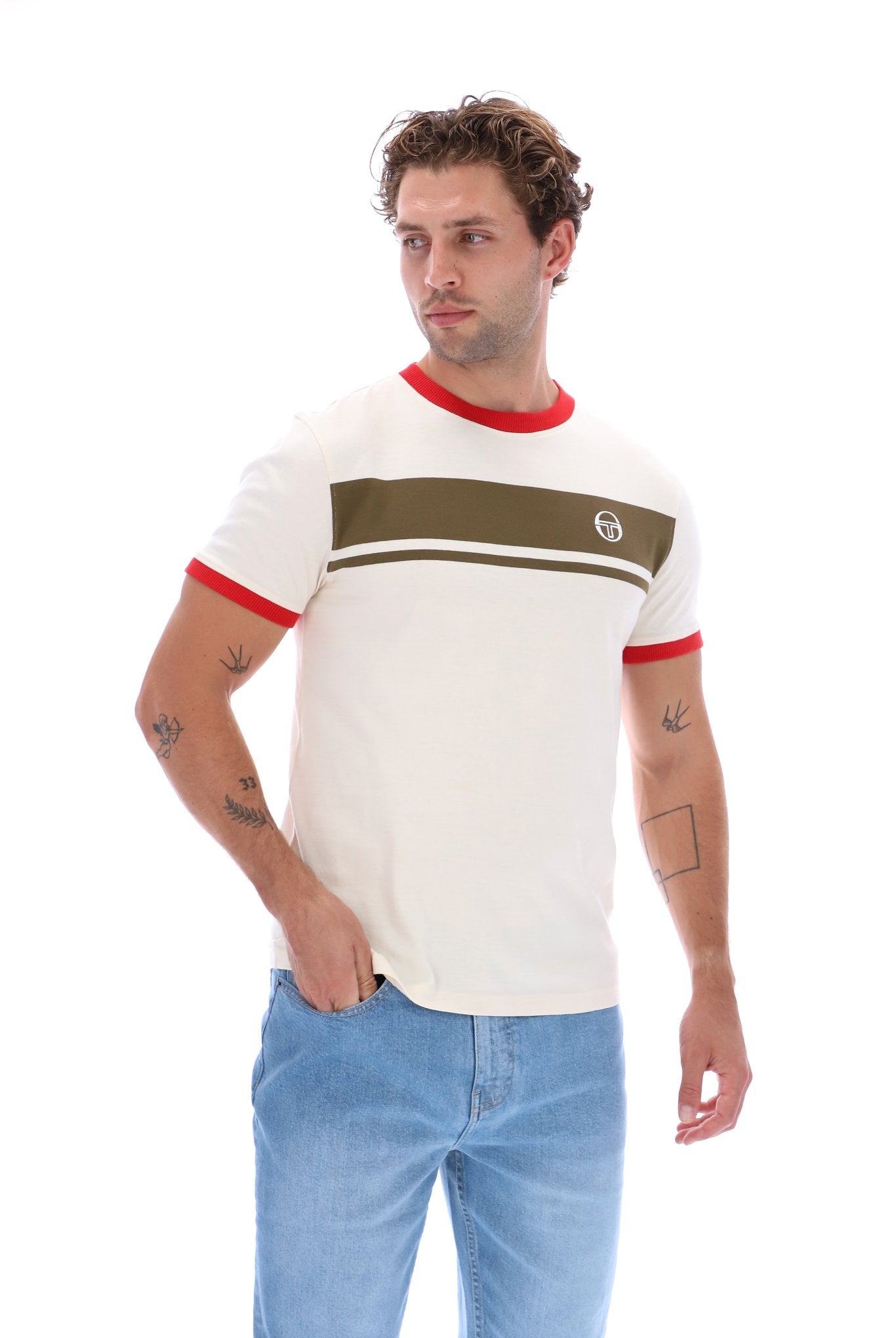 Sergio Tacchini Men's STM14593 SS Master Crew Neck T Shirt Gardenia / Dark Olive