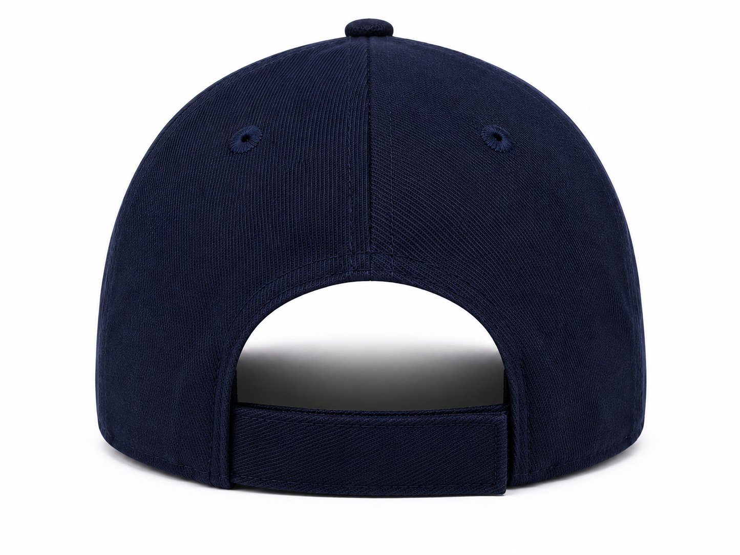 The back view of a navy blue baseball cap on a solid white background.