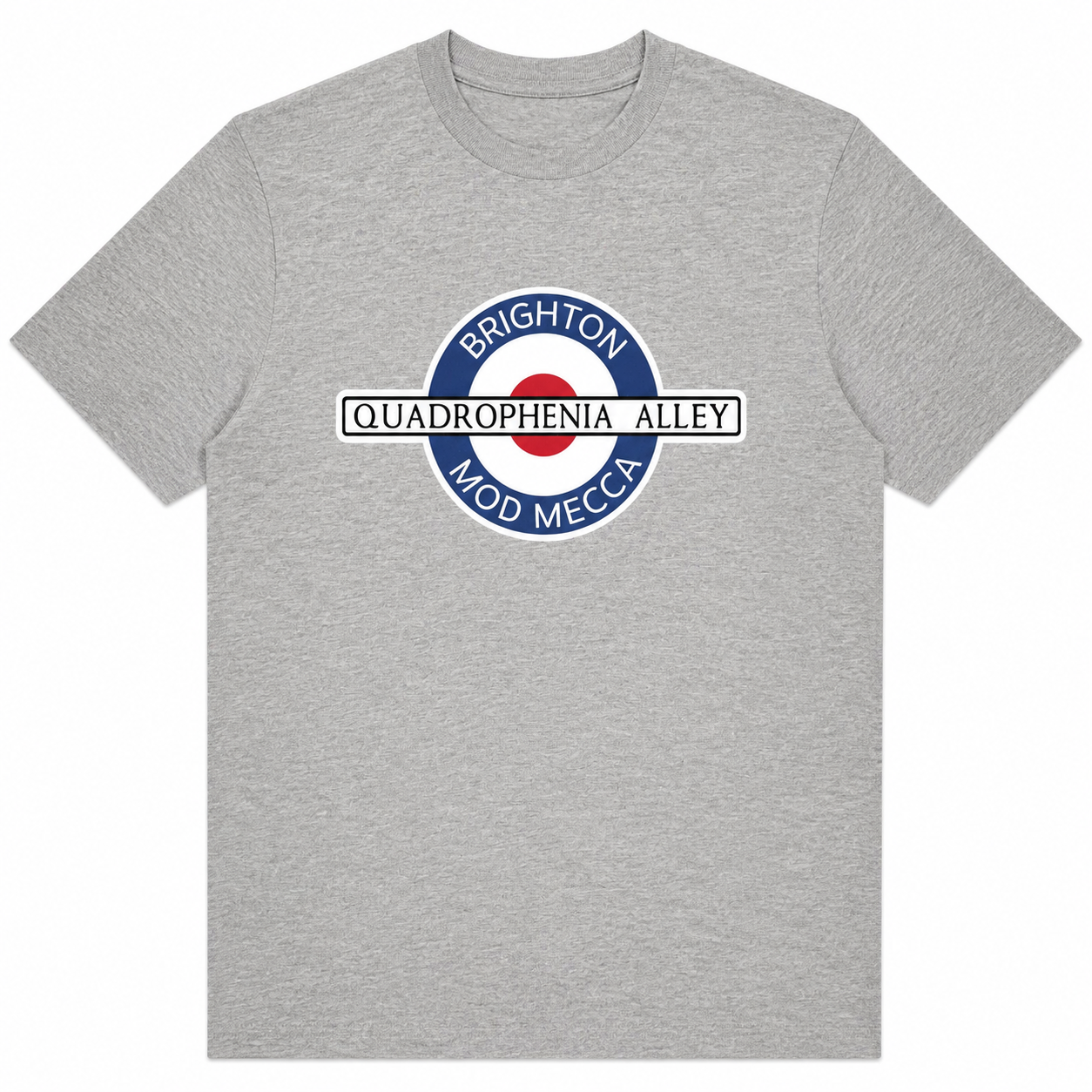 A heather gray short-sleeve crewneck t-shirt featuring a circular graphic on the chest with a red, white, and blue target design and the text 'BRIGHTON QUADROPHENIA ALLEY MOD MECCA'.