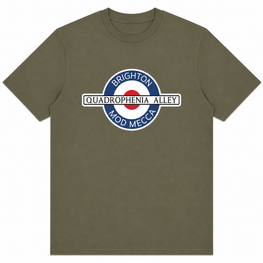 An olive green short-sleeve t-shirt with a circular graphic on the chest. The graphic features a blue ring with the words 'BRIGHTON' and 'MOD MECCA' in white, a white bar across the center reading 'QUADROPHENIA ALLEY' in black, and a red circle in the middle.