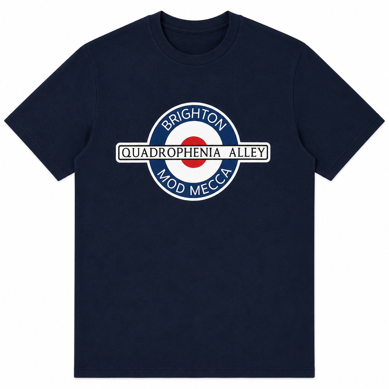 A navy blue short-sleeve crewneck t-shirt featuring a circular graphic on the chest with the text 'BRIGHTON QUADROPHENIA ALLEYE MOD MECCA' in white, blue, and red.