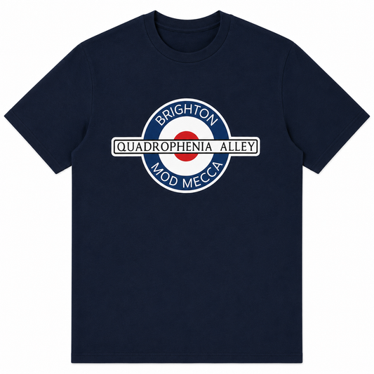 A navy blue short-sleeve crewneck t-shirt featuring a circular graphic on the chest with the text 'BRIGHTON QUADROPHENIA ALLEYE MOD MECCA' in white, blue, and red.