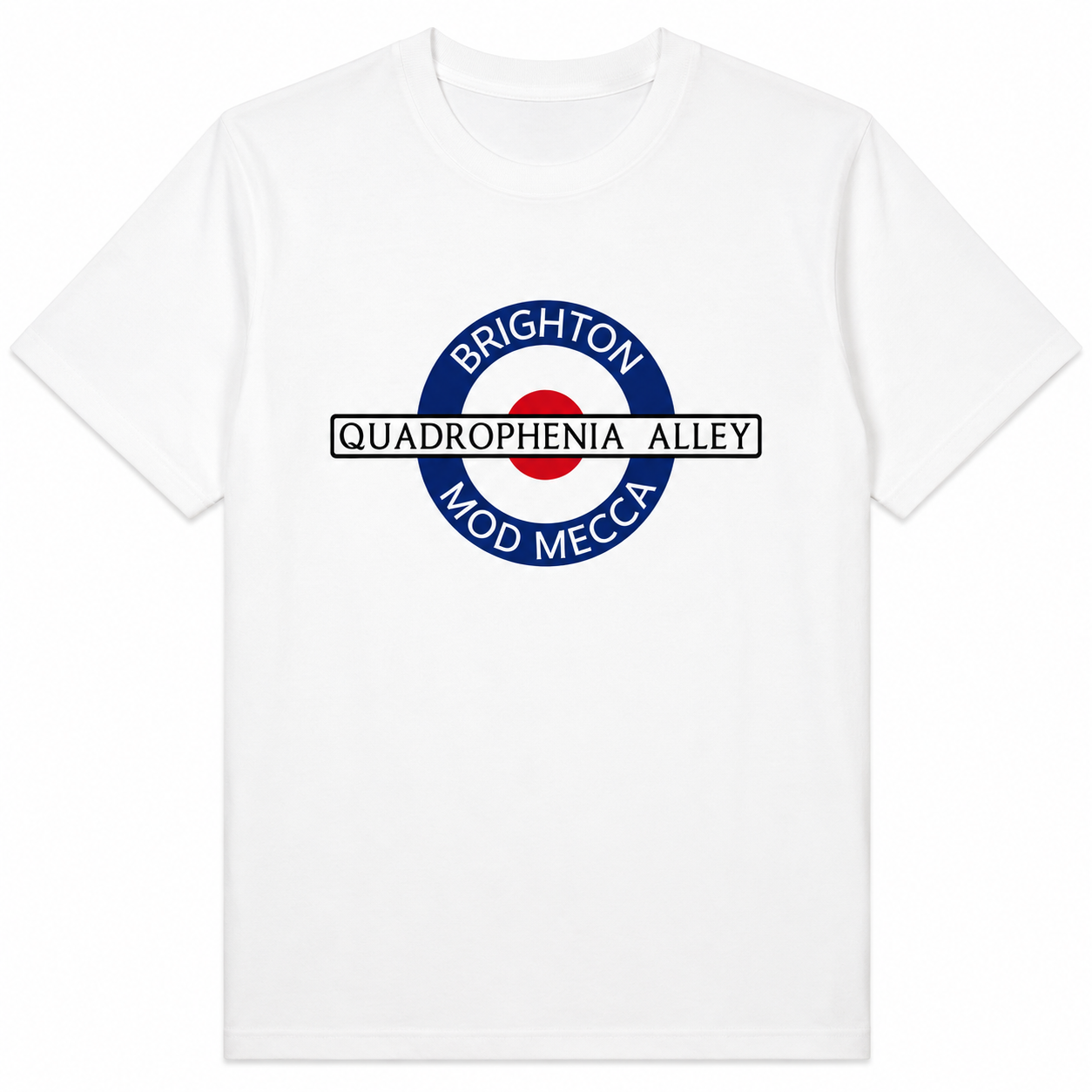 A white short-sleeve crewneck t-shirt featuring a circular graphic on the chest. The graphic is styled like a London Underground roundel, with a blue outer ring reading 'BRIGHTON' and 'MOD MECCA', a white center bar reading 'QUADROPHENIA ALLEY', and a red center dot.