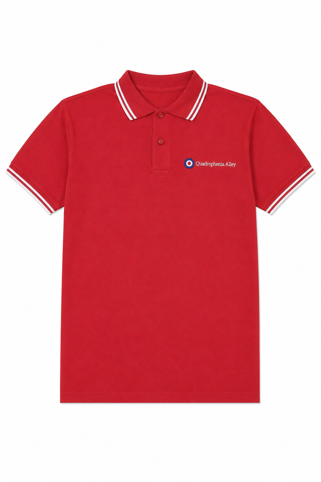 A red short-sleeve polo shirt with white and red striped collar and sleeve cuffs, featuring a small circular logo on the left chest that reads 'Quadrupessa Alor'.