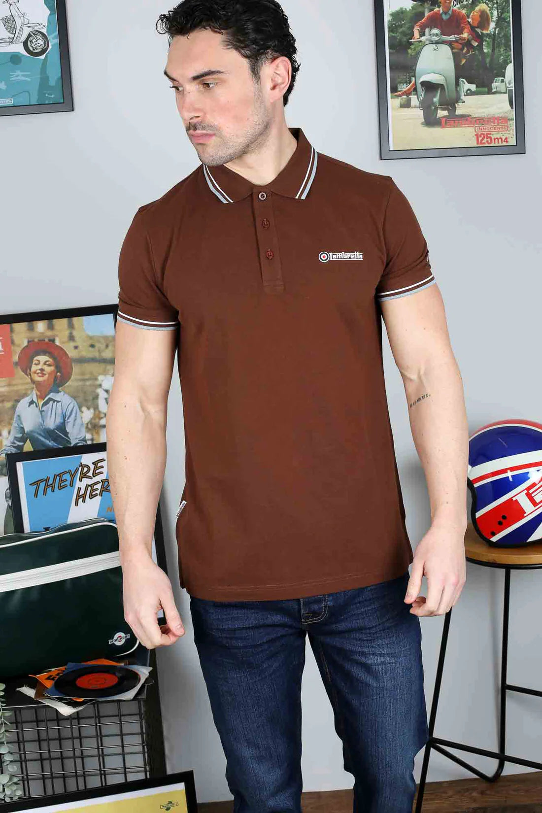 Lambretta Men's SS1608 Twin Tipped Polo Shirt Brown / White / Angel Falls