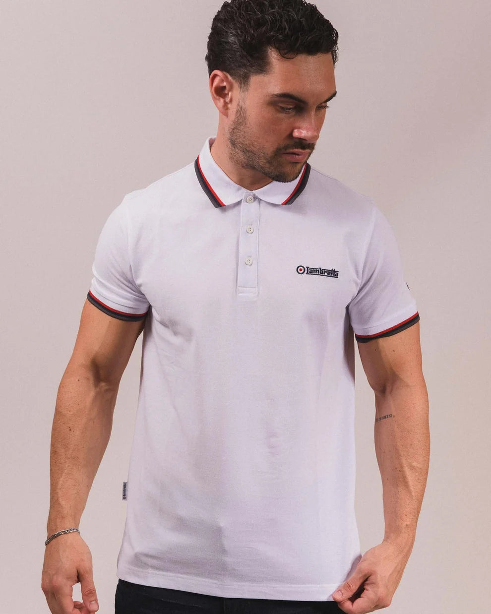 Lambretta Men's SS1650 Triple Tipped Polo Shirt White / Red / Navy / Iron