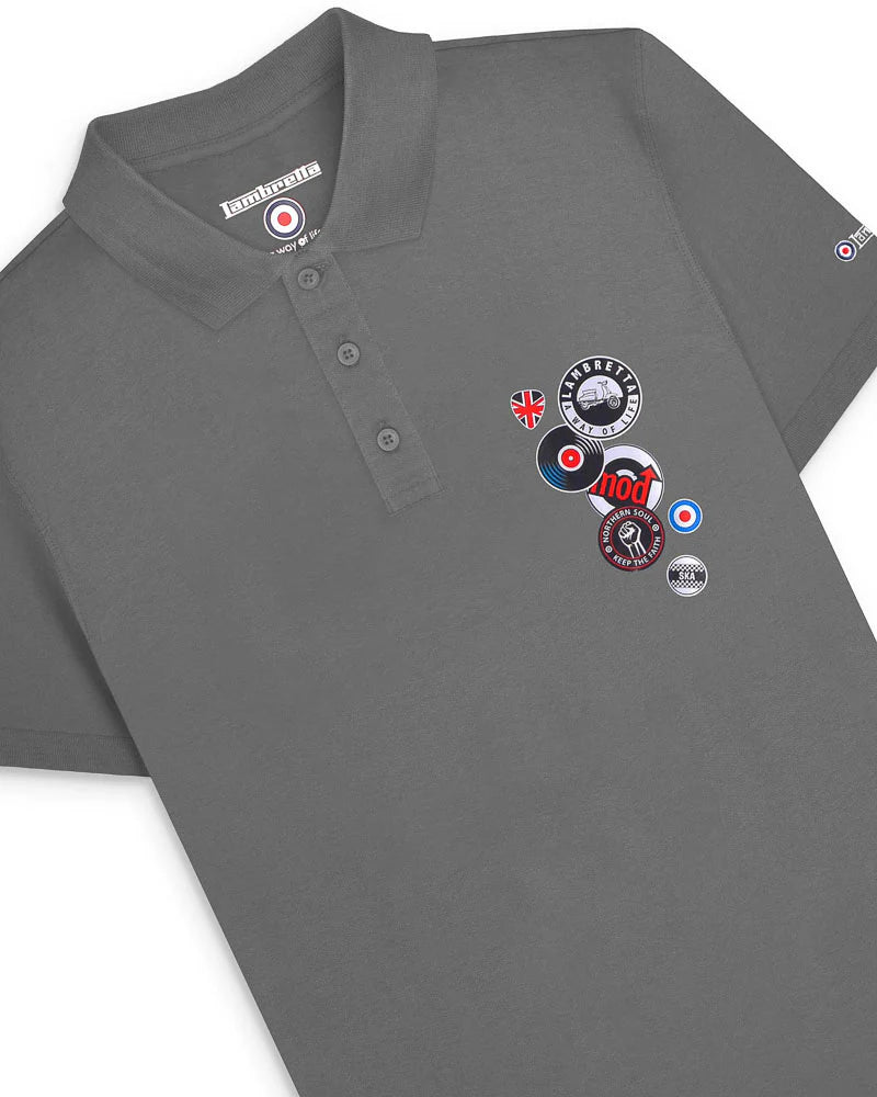 Lambretta Men's SS6014 Badges Polo Shirt Iron Grey