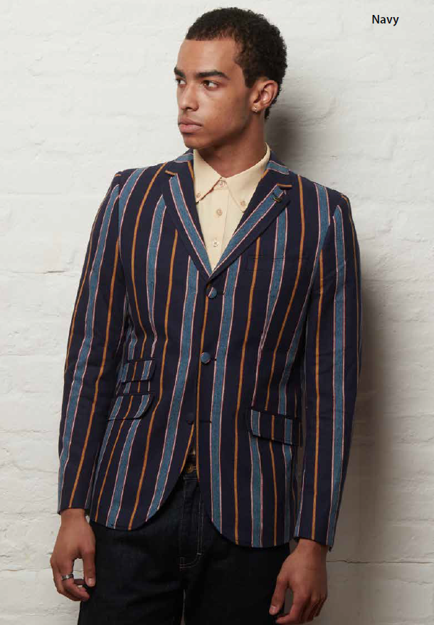 Gabicci Vintage Men's V56GJ04 Henley Stripe Blazer Navy Blue