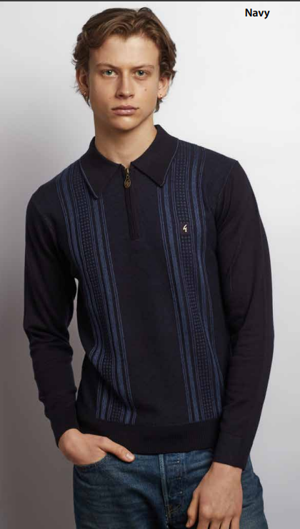 Gabicci Vintage Men's V57GM04 Hambro L/S Stripe Zip Polo Shirt Navy Blue