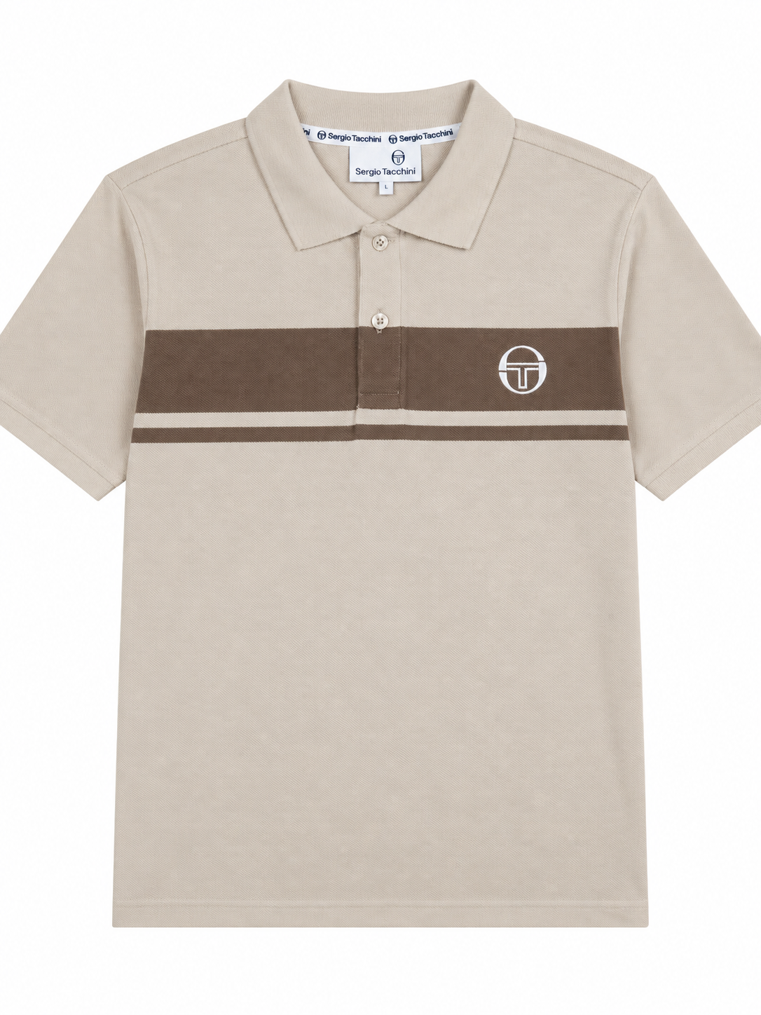 A beige short-sleeve polo shirt with a brown chest stripe and a white embroidered logo on the left chest, displayed on a clean white background.