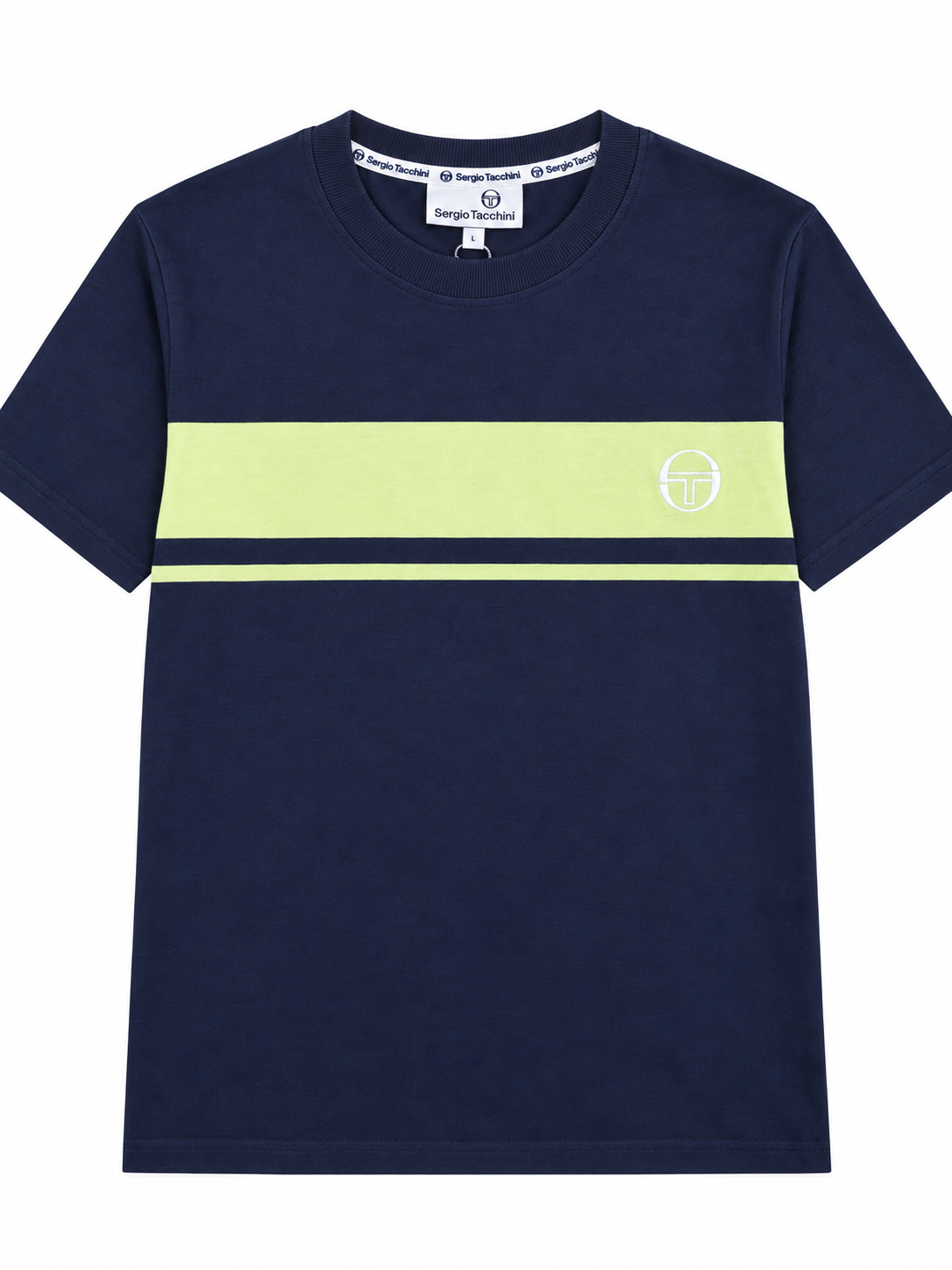 A navy blue short-sleeve t-shirt with a horizontal lime green stripe across the chest, featuring a small white circular logo on the right chest and a white brand label printed inside the collar.