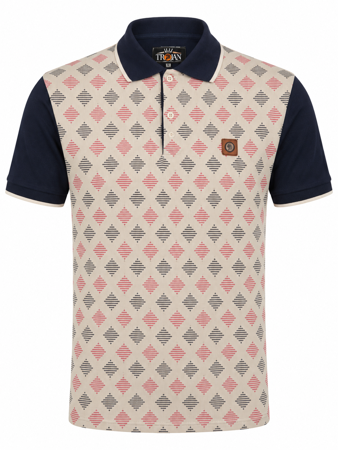 A men's short-sleeve polo shirt by Brax, featuring a beige body with a pink, gray, and black geometric diamond pattern, contrasted with a navy blue collar and sleeves.