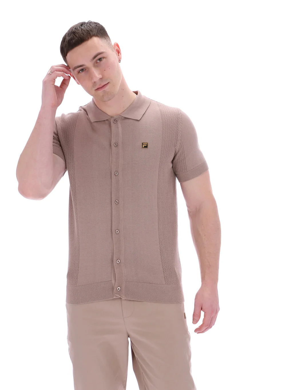 Fila Vintage Men's Walter Open Knit Polo Shirt Mocha Meringue