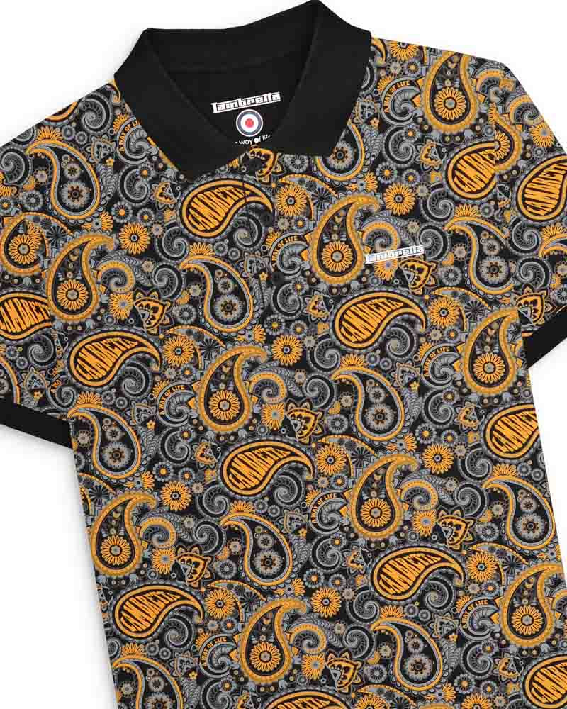 Lambretta Men's SS0031 Paisley Brand Polo Shirt Black Gold