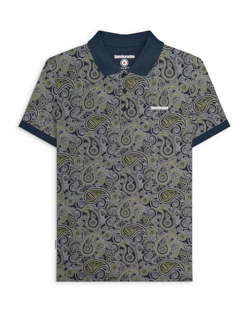 Lambretta Men's SS0031 Paisley Brand Polo Shirt Navy Grey