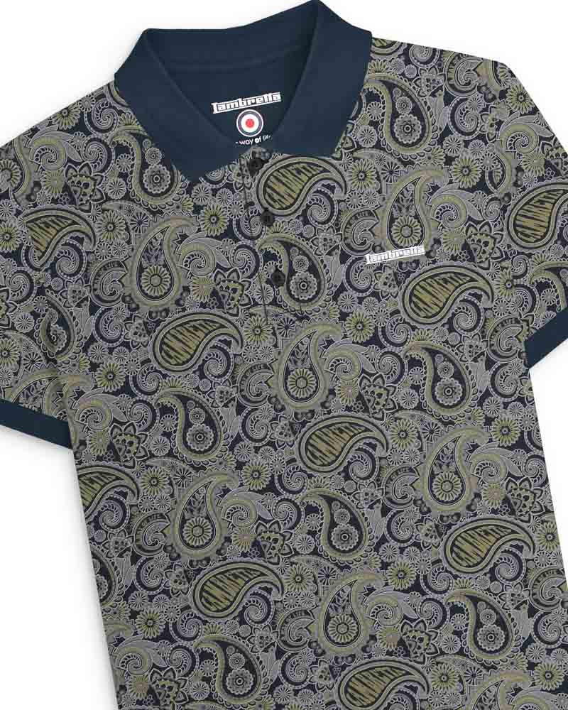 Lambretta Men's SS0031 Paisley Brand Polo Shirt Navy Grey