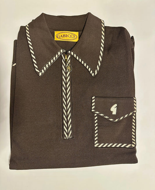 Gabicci Vintage Men's V55GM23 Kiki L/S Zip Knit Polo Shirt Clove Brown