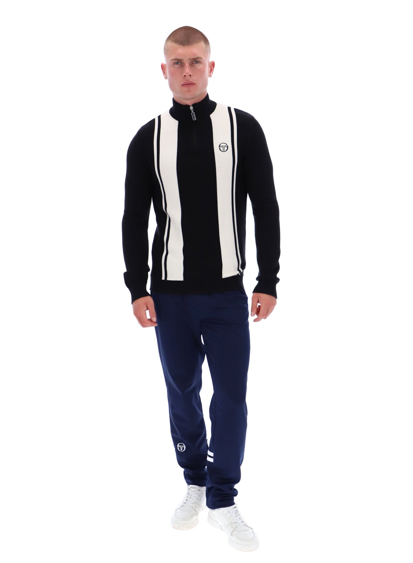 Sergio Tacchini Men's Young Line 1/4 Zip Knit Jumper Gardenia / Maritime Blue